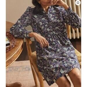 Boden Ruffle Neck Navy Blue Paisley Micro Corduroy Long Sleeve Dress 12 Tall EUC